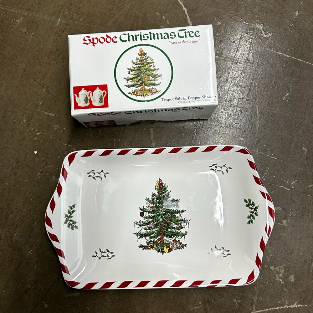 Spode Christmas tree peppermint dessert tray & teapot salt and pepper shaker set